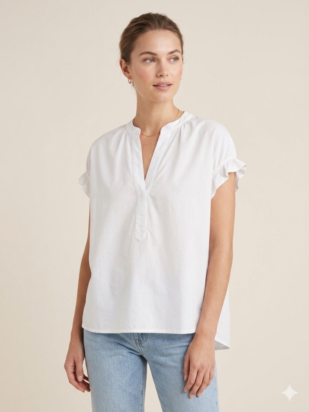 DEAR JOHN DENIM | White Cotton V-Neck Ruffle Sleeve Top